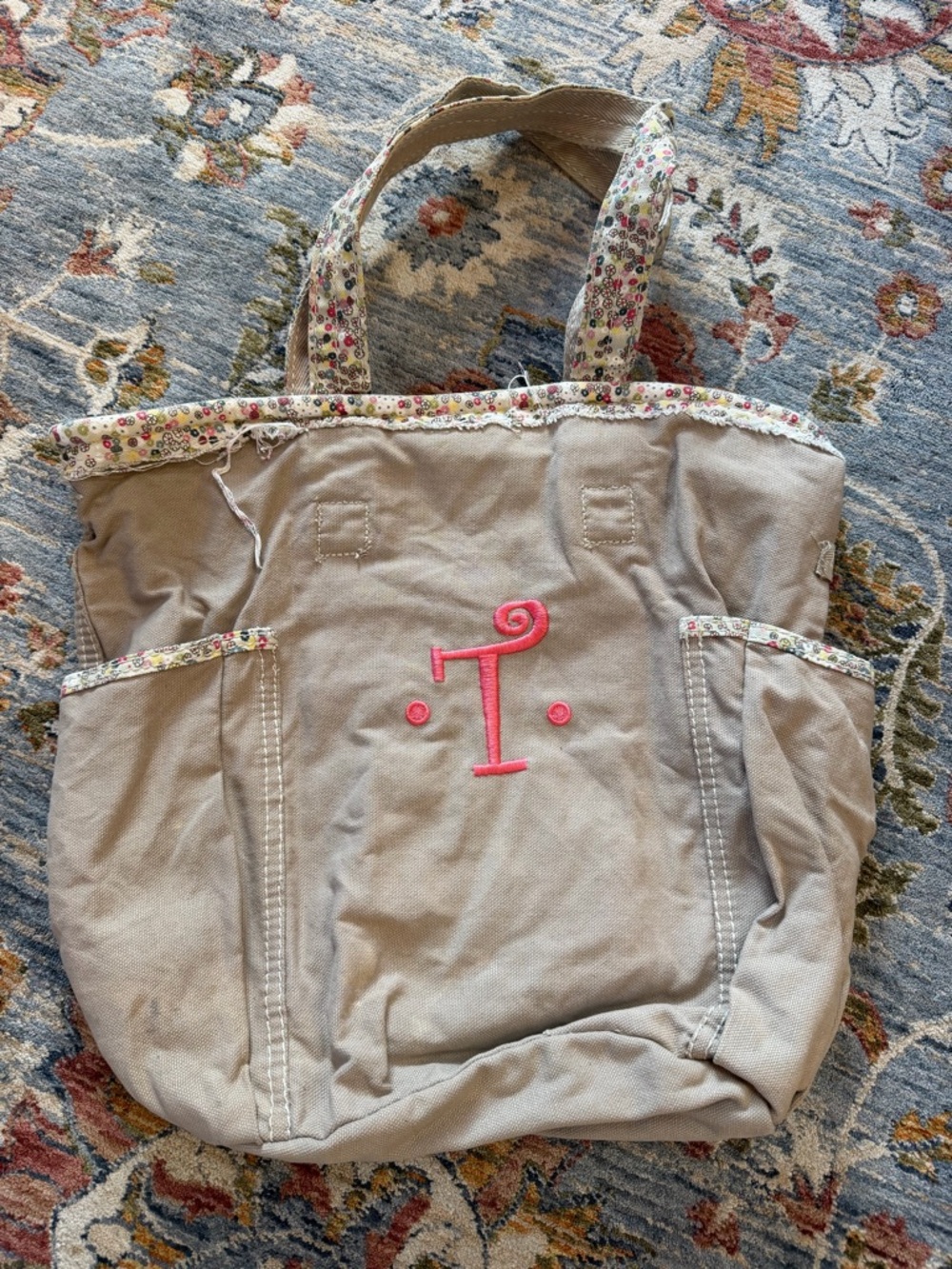 Embroidered “T” Canvas Tote Bag with Floral Trim - Beige & Pink